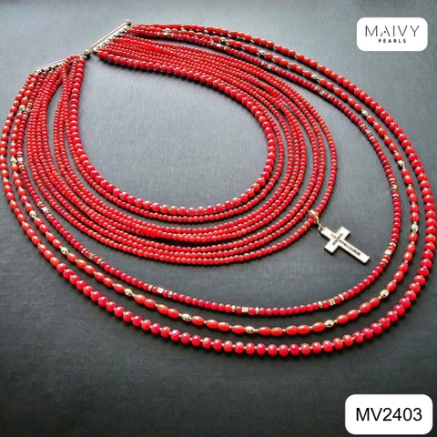 MV2403 - Dây chuyền san hô đỏ mix bi bạc 925 mạ vàng 18k nhiều sợi xếp tầng 2 kích thước dây sz hạt nhỏ và dây sz hạt toước dây size hạt nhỏ và dây s