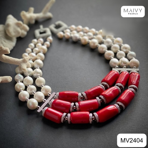 MV2404 - Dây chuyền ngọc trai tròn màu trắng nhấn mặt san hô đỏ gồm 3 sợi chung khóa