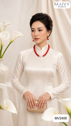 MV2406 - Set san hô đỏ tự nhiên hình khối gồm dây chuyền nhấn viên ngọc trai baroque trắng và bông tai khuyên móc