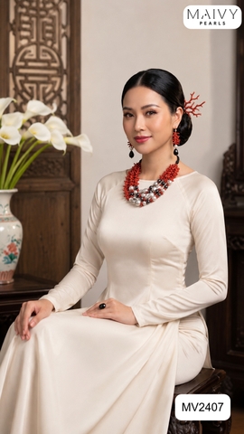 MV2407 - Set san hô đỏ mix ngọc trai barroque xám gồm dây chuyền nhiều sợi và bông tai thả dài