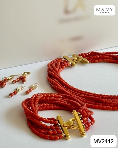 MV2412 - Set san hô đỏ nhiều sợi gồm dây chuyền, lắc tay,bông tai