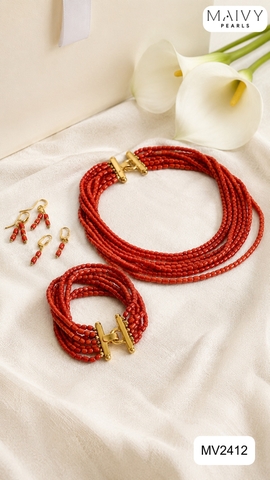 MV2412 - Set san hô đỏ nhiều sợi gồm dây chuyền, lắc tay,bông tai