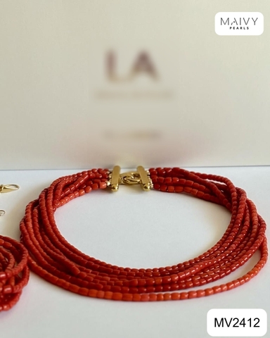 MV2412 - Set san hô đỏ nhiều sợi gồm dây chuyền, lắc tay,bông tai