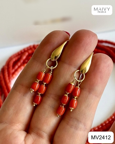 MV2412 - Set san hô đỏ nhiều sợi gồm dây chuyền, lắc tay,bông tai