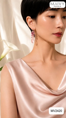 MV2420 - Bông tai đá hồng chùm nhấn thạch anh hồng khuyên móc