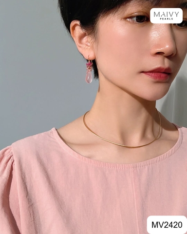 MV2420 - Bông tai đá hồng chùm nhấn thạch anh hồng khuyên móc