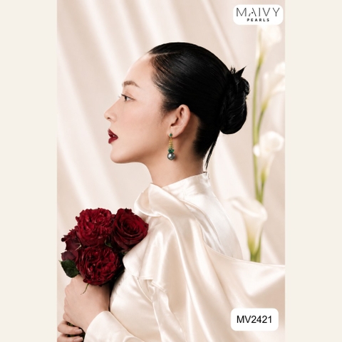 Bông tai ngọc trai lông công phối chùm đá xanh MV2421