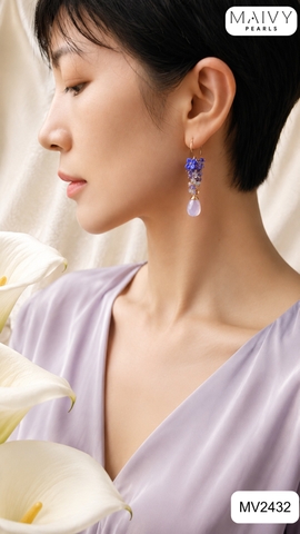 MV2432 - Bông tai đá tự nhiên xanh dương mix đậm nhạt khuyên móc
