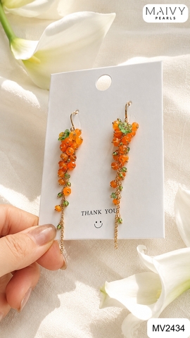 MV2434 - Bông tai đá tự nhiên kết chùm 6cm màu cam mix xanh lá cây