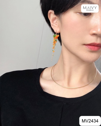 MV2434 - Bông tai đá tự nhiên kết chùm 6cm màu cam mix xanh lá cây