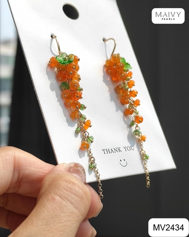 MV2434 - Bông tai đá tự nhiên kết chùm 6cm màu cam mix xanh lá cây