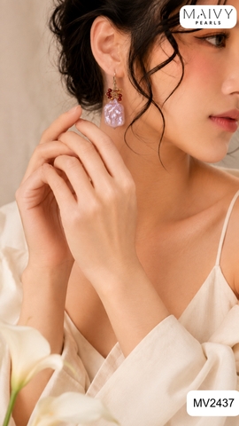 MV2437 - Bông tai đá tự nhiên nhấn trai baroque chữ nhật khuyên móc