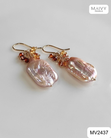 MV2437 - Bông tai đá tự nhiên nhấn trai baroque chữ nhật khuyên móc