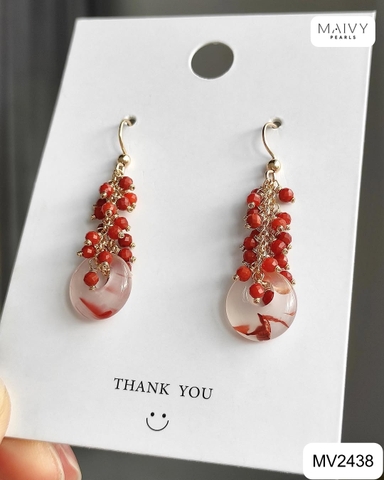 MV2438- Set san hô đỏ gồm dây chuyền mix hoa tai thả dài nhấn serine hình đồng điếu