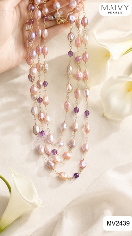 MV2439 - Dây chuyền ngọc trai baroque hồng ánh tím mix đá thạch anh tím 4 sợi chung khóa