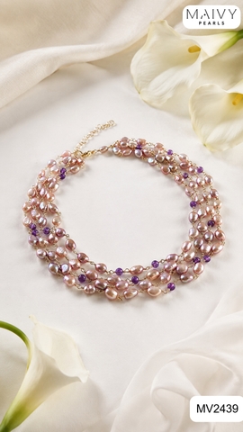 MV2439 - Dây chuyền ngọc trai baroque hồng ánh tím mix đá thạch anh tím 4 sợi chung khóa