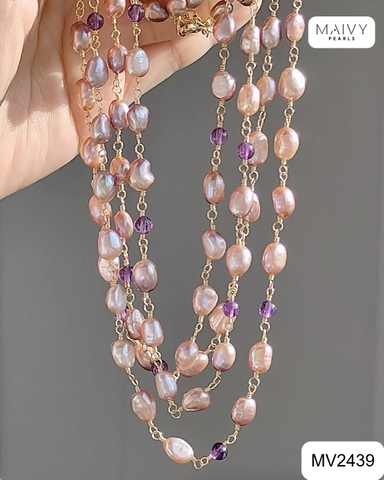 MV2439 - Dây chuyền ngọc trai baroque hồng ánh tím mix đá thạch anh tím 4 sợi chung khóa