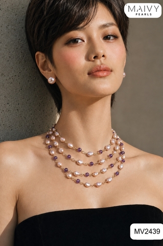 MV2439 - Dây chuyền ngọc trai baroque hồng ánh tím mix đá thạch anh tím 4 sợi chung khóa