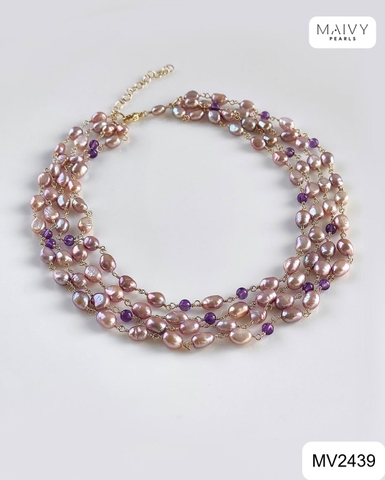 MV2439 - Dây chuyền ngọc trai baroque hồng ánh tím mix đá thạch anh tím 4 sợi chung khóa