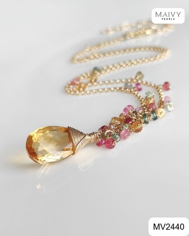 MV2440 - Dây chuyền bạc 925 mạ vàng 18k mặt đá tự nhiên mix màu nhấn viên thạch anh vàng hình giọt nước