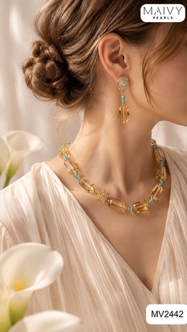 MV2442 - Set dây chuyền, lăc tay, bông tai đá thạch anh vàng Golden Aura