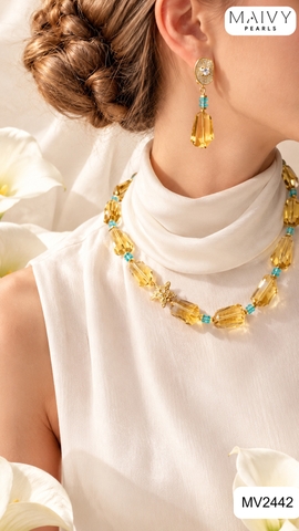 MV2442 - Set dây chuyền, lăc tay, bông tai đá thạch anh vàng Golden Aura