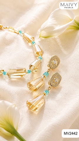 MV2442 - Set dây chuyền, lăc tay, bông tai đá thạch anh vàng Golden Aura