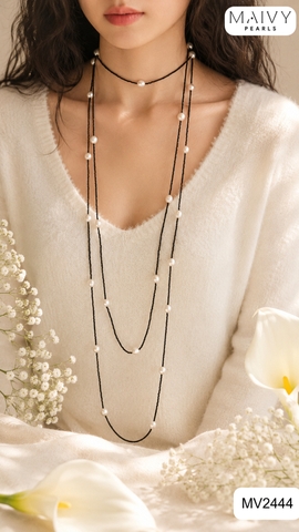 MV2444 -  Dây chuyền đá spinel đen mix ngọc trai ngọt trắng dài 180cm