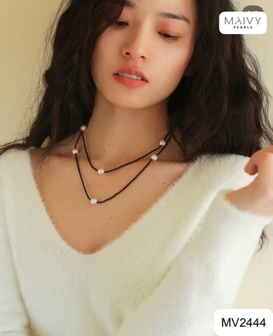 MV2444 -  Dây chuyền đá spinel đen mix ngọc trai ngọt trắng dài 180cm
