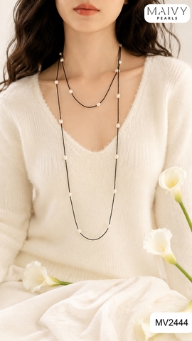 MV2444 -  Dây chuyền đá spinel đen mix ngọc trai ngọt trắng dài 180cm