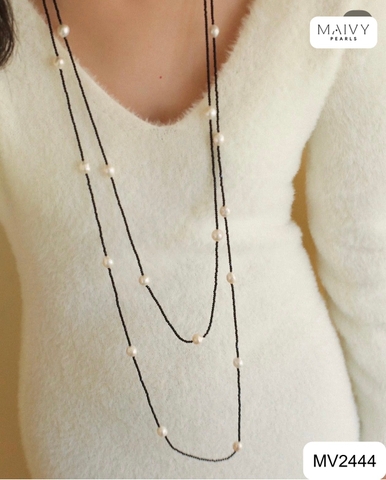 MV2444 -  Dây chuyền đá spinel đen mix ngọc trai ngọt trắng dài 180cm