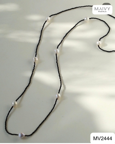 MV2444 -  Dây chuyền đá spinel đen mix ngọc trai ngọt trắng dài 180cm