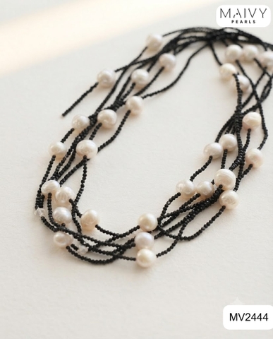 MV2444 -  Dây chuyền đá spinel đen mix ngọc trai ngọt trắng dài 180cm