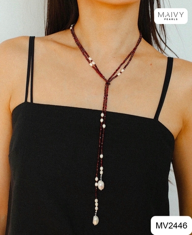 MV2446 - Dây chuyền đá thạch lựu mix trai gạo nhấn 2 đầu Baroque