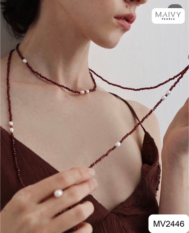 MV2446 - Dây chuyền đá thạch lựu mix trai gạo nhấn 2 đầu Baroque