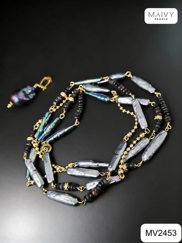 MV2453 - Dây Chuyền Trai Baroque Dài Kèm Mặt Màu Lông Công Dáng Dài
