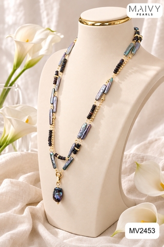 MV2453 - Dây Chuyền Trai Baroque Dài Kèm Mặt Màu Lông Công Dáng Dài
