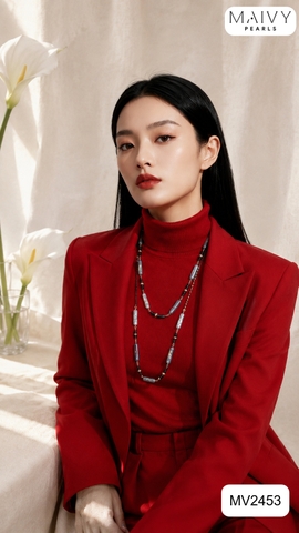 MV2453 - Dây Chuyền Trai Baroque Dài Kèm Mặt Màu Lông Công Dáng Dài