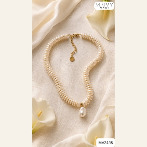 Dây chuyền ngọc trai cúc áo xếp tầng mặt baroque MV2458