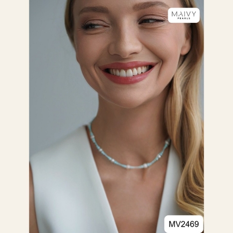 Choker đá lam nhí mix ngọc trai trắng 38cm MV2469