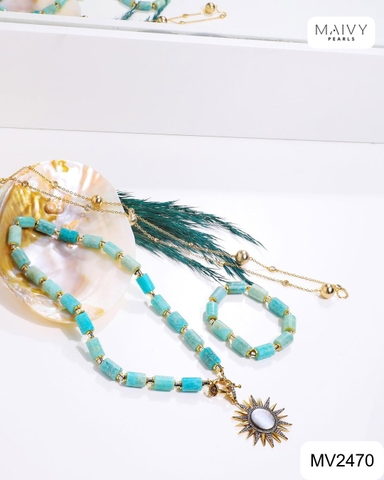 MV2470 - Set đá thạch anh xanh dương hình đốt khối mix phụ kiện charm bạc 925 mạ vàng 18k gồm dây chuyền và lắc tay
