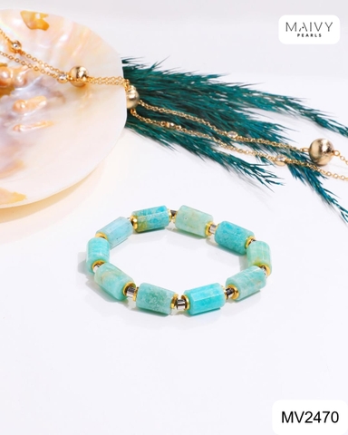 MV2470 - Set đá thạch anh xanh dương hình đốt khối mix phụ kiện charm bạc 925 mạ vàng 18k gồm dây chuyền và lắc tay