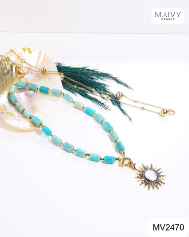 MV2470 - Set đá thạch anh xanh dương hình đốt khối mix phụ kiện charm bạc 925 mạ vàng 18k gồm dây chuyền và lắc tay
