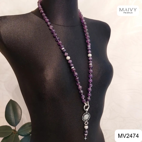 MV2474 - Set thạch anh tím hạt tròn n gồm dây kèm mặt, bông tai