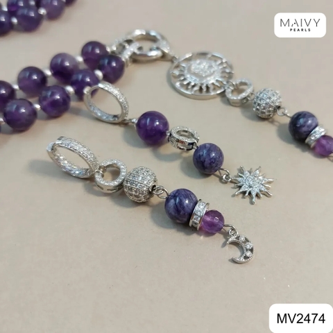 MV2474 - Set thạch anh tím hạt tròn n gồm dây kèm mặt, bông tai