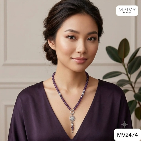 MV2474 - Set thạch anh tím hạt tròn n gồm dây kèm mặt, bông tai