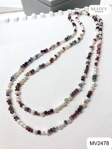 MV2478 - Dây chuyền ngọc trai trắng mix đá tự nhiên nhiều màu dài 120cm sz 3-4mm