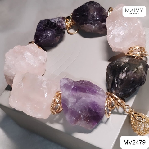 MV2479 - Lắc tay đá thạch anh hình khối thô màu hồng mix màu tím