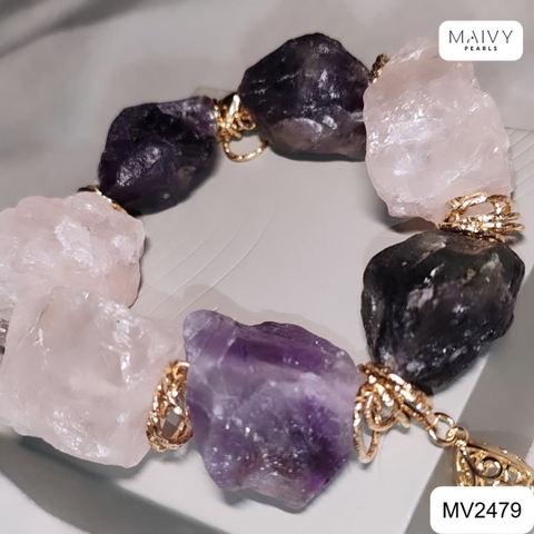 MV2479 - Lắc tay đá thạch anh hình khối thô màu hồng mix màu tím