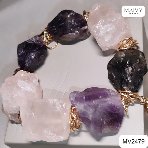MV2479 - Lắc tay đá thạch anh hình khối thô màu hồng mix màu tím